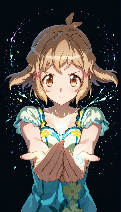 (1girls solo),symphogear, tachibanahibiki, short hair, hairclip, brown hair, hairclip,brown eyes, light smile, Black background,colorful, lively, Shining Contours ,neon,colorful、Official Art、,viewer, masterpiece, Very Aesthetic、battle pose、Light powder、ne...