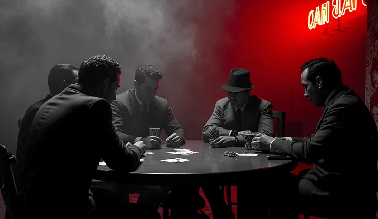 "a 1940s gangster scene, In black and white ultra-realistic it is day , anos 40, estilo noir. in a dark room filled with cigarette smoke four men are gathered playing cards at a round table,Lighting comes through the illuminated window of a red neon sign, ...