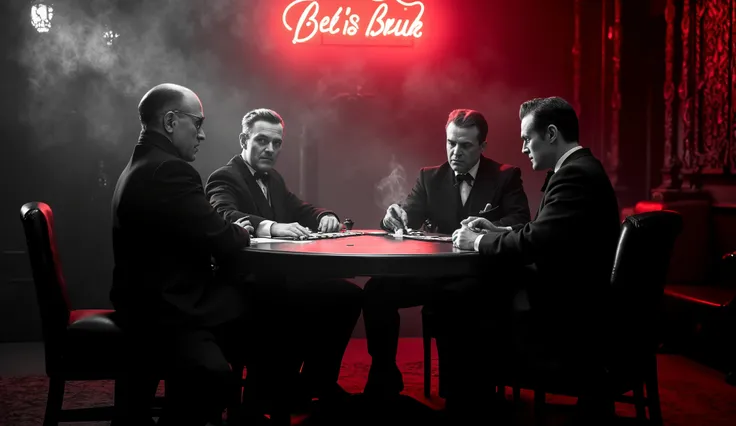 "a 1940s gangster scene, In black and white ultra-realistic it is day , anos 40, estilo noir. in a dark room filled with cigarette smoke four men are gathered playing cards at a round table,Lighting comes through the illuminated window of a red neon sign, ...