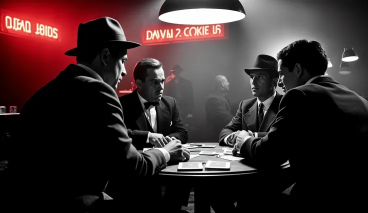 "a 1940s gangster scene, In black and white ultra-realistic it is day , anos 40, estilo noir. in a dark room filled with cigarette smoke four men are gathered playing cards at a round table, ONE OF THEM IS STANDING WITH THE MOVEMENT OF THOSE WHO ARE GOING ...