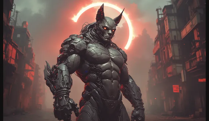 Full length detailed view. full sexy body, sexy muscle hybrid strong man and half cyborg animal, with big muscles looking into the camera, sexy muscle hyprid, hd realistic sharp details of the skin, beautyful eyes, cyborg hair, looking strong, a sexy mecha...