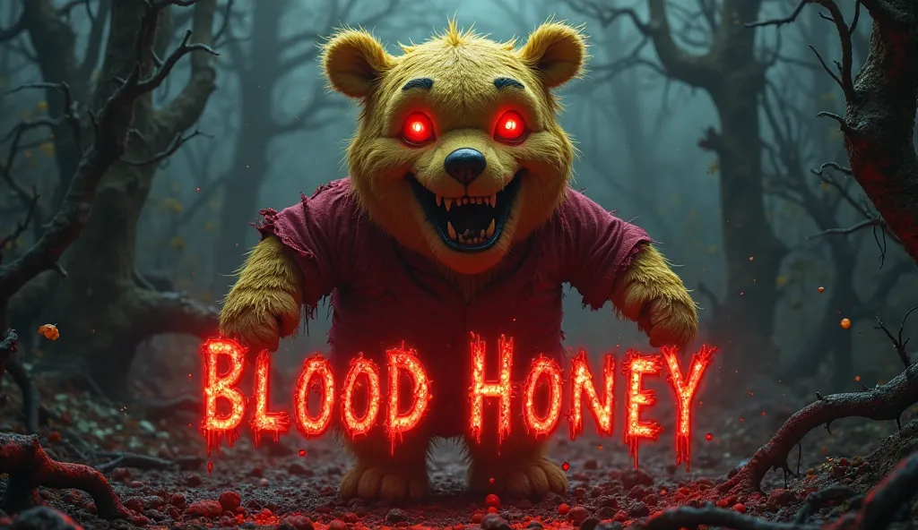 Thumbnail Prompt (for AI image generation):

Prompt (English):
A terrifying, monstrous version of Winnie the Pooh, 12 feet tall, with glowing red eyes, yellow matted fur, and a shredded red shirt. He stands in a dark, foggy forest clearing, surrounded by twisted trees and dripping red honey. His mouth is open in a savage snarl, showing sharp teeth. The words "Blood Honey" appear in bold, cracked red text with a glowing effect. Cinematic horror lighting, high contrast, intense shadows.
