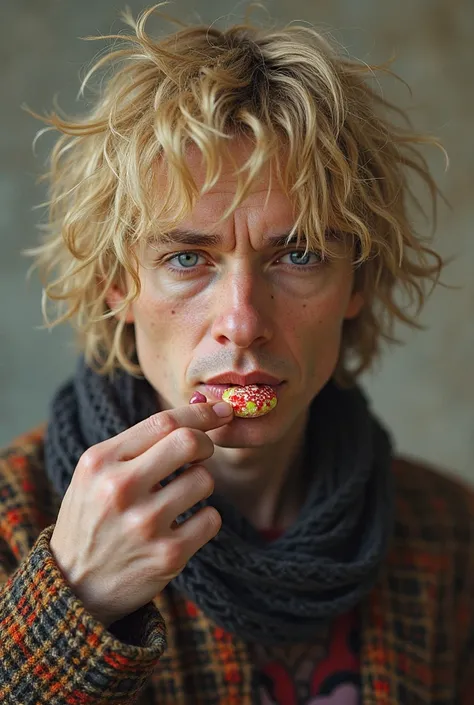 Syd Barrett with a candy in his hand ultrarealistic style 