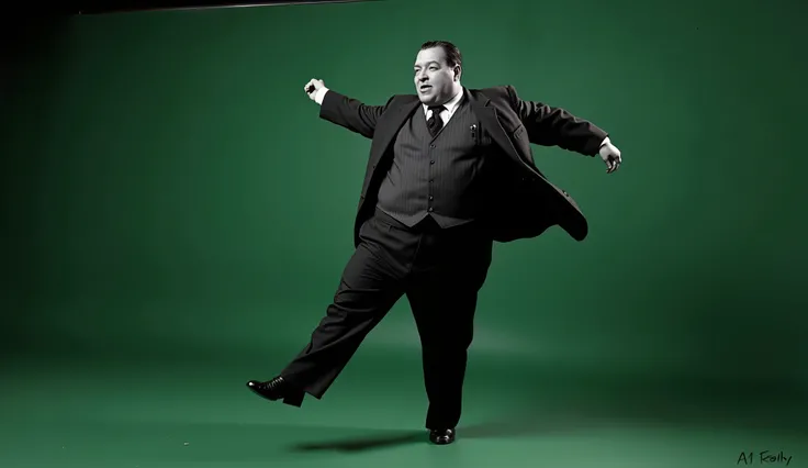 "a 1940s gangster scene, In black and white ultra-realistic it is day , anos 40, estilo noir. SLIGHTLY OVERWEIGHT MAN singing and dancing on green background "