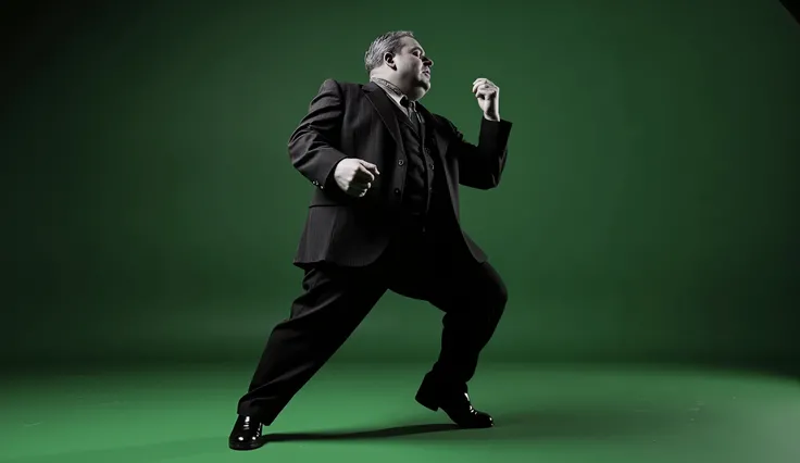 "a 1940s gangster scene, In black and white ultra-realistic it is day , anos 40, estilo noir. SLIGHTLY OVERWEIGHT MAN singing and dancing on green background "