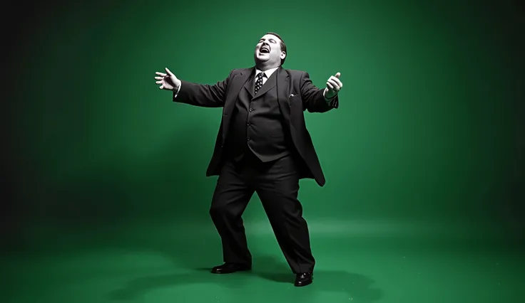 "a 1940s gangster scene, In black and white ultra-realistic it is day , anos 40, estilo noir. SLIGHTLY OVERWEIGHT MAN singing and dancing on green background "