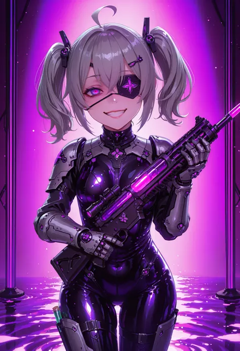Cyber-style girl. Grey hair. Twin tails. Ahoge. Eyepatch over one eye. Yandere eyes. Grin. Hair clip with purple light source. Latex bodysuit. Mechanical gauntlet. Light armor. Carries a gun. A rifle with a test tube. A water gun style rifle. A tube that c...