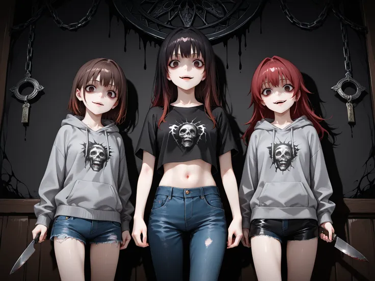 (beautiful). detailed. anime. horror.  ((Dark atmosphere)). ((3 girls)). yandere. look at the viewer. psychopaths. ((('s crazy look))). ((frightening)). (all three girls fit entirely into the frame). 1) First Girl: red hair, Black clothes, t-shirt, skirt, ...