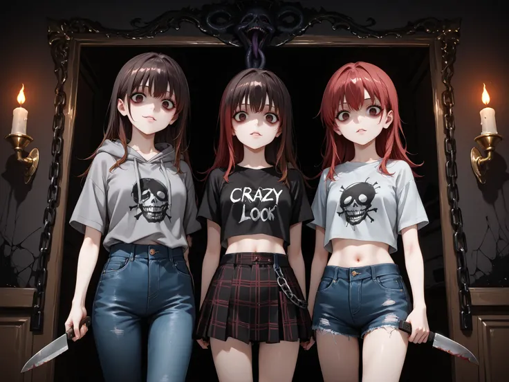 (beautiful). detailed. anime. horror.  ((Dark atmosphere)). ((3 girls)). yandere. look at the viewer. psychopaths. ((('s crazy look))). ((frightening)). (all three girls fit entirely into the frame). 1) First Girl: red hair, Black clothes, t-shirt, skirt, ...