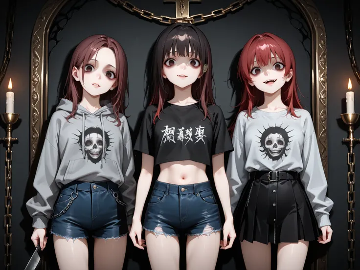 (beautiful). anime. horror.  ((Dark atmosphere)). ((3 girls)). yandere. look at the viewer. psychopaths. ((('s crazy look))). ((frightening)). (all three girls fit entirely into the frame). 1) First Girl: red hair, Black clothes, t-shirt, skirt, (holds a k...