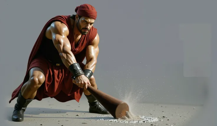 A cinematic, ultra-realistic scene of Hercules standing in front of the viewer, delivering a furious strike with his club, cracking the ground beneath him. His expression radiates sheer power and determination. He wears a red cape and a red turban, dramati...