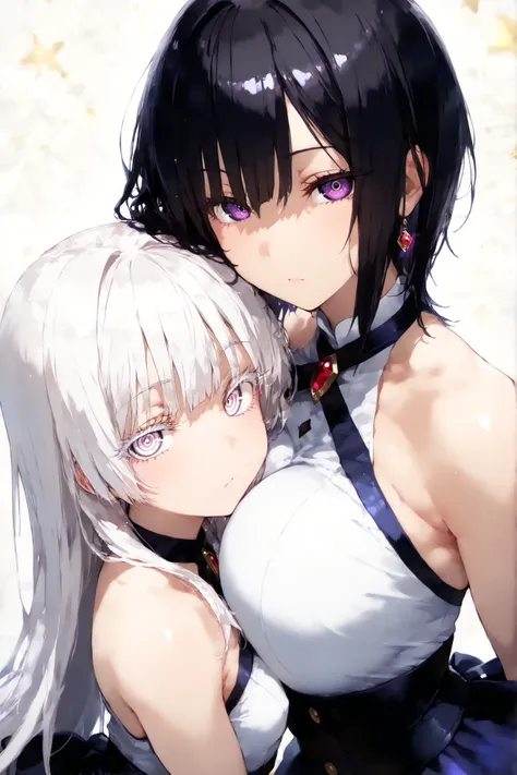 (((masterpiece))), (((best quality))), (((super detailed))), (((dynamic))), (((mamami style))),  breast_press, look at viewer, 2girls, idol, idol costume, monotone clothes, 1th girl: small height, slender, a little small breast, beautiful body, like transp...