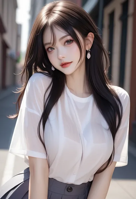 Create an image of a stylized anime character. The character has long, straight hair and sharp gray eyes. They are standing confidently, wearing a loose white unbutton long shirt. Big breasts, slim waist, big butts, bare thights, bare lower body, no pants,...