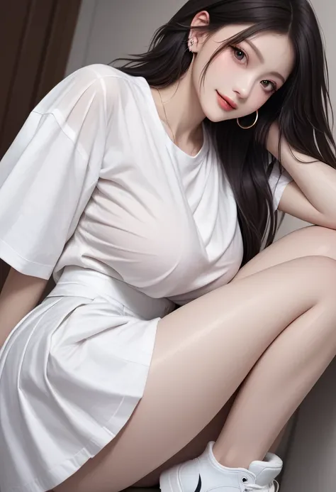 Create an image of a stylized anime character. The character has long, straight hair and sharp gray eyes. They are standing confidently, wearing a loose white unbutton long shirt. Big breasts, slim waist, big butts, bare thights, bare lower body, no pants,...