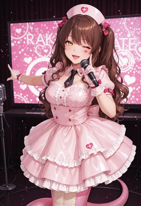 Lamia girl. Idol costume. Brown hair. Twin tail hair. Wavy hair. Yellow eyes. Snake eyes. Snake scale cheeks. Wink. Nurse cap. Eye mark on hat. Latex costume. Pink costume. Checkered costume. Ruffle skirt. Lace gloves. Pochette. Microphone in hand. Pink sn...