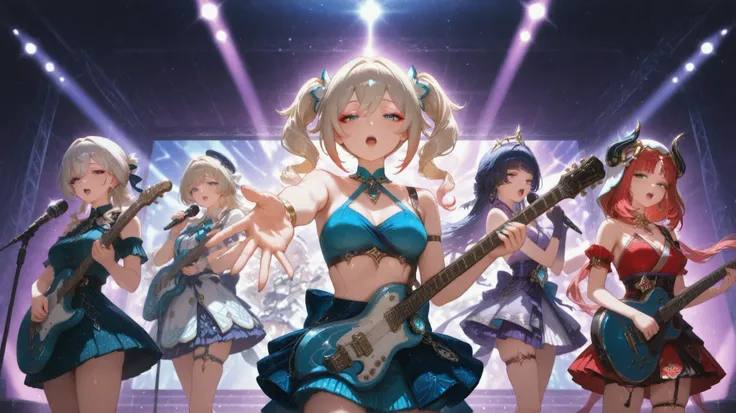 barbara, junjin, nilou (genshin impact) quinteto of Japanese idols, with a playful expression. the woman, who appears to be in her lates or early twenties, 5 female singers with flashy outfits and colorful hair singing, looking directly at the viewer, her ...