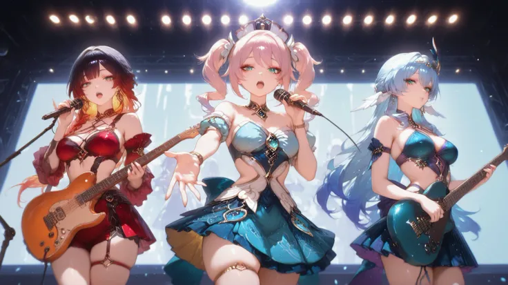 barbara, junjin, nilou (genshin impact) quinteto of Japanese idols, with a playful expression. the woman, who appears to be in her lates or early twenties, 5 female singers with flashy outfits and colorful hair singing, looking directly at the viewer, her ...