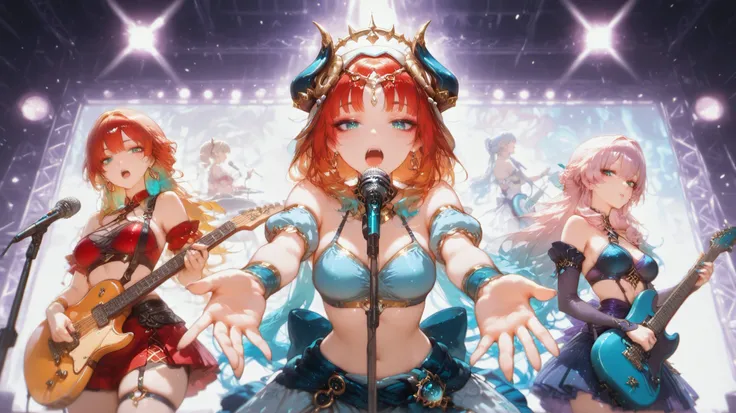barbara, junjin, nilou (genshin impact) quinteto of Japanese idols, with a playful expression. the woman, who appears to be in her lates or early twenties, 5 female singers with flashy outfits and colorful hair singing, looking directly at the viewer, her...