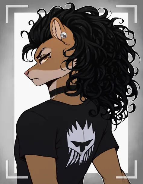 (((long curly hair, black hair))), ((male puma)), curvaceous, BREAK background is simple and muted, with a gradient effect and soft, neutral tones. black choker, (black plain t-shirt, black denim jacket ), looking at viewer, detailed eyes , relaxed pose, l...