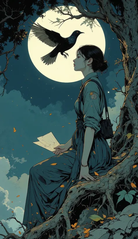 1 kneeling traveler, eyes closed.
Spirit-bird floating above shoulder, closed envelope on her lap.
Ancient tree roots, drifting leaves, pale moon.
Listening, touched by wonder.
Pre-Raphaelite x Ukiyo-e, silvery blue, moon white.
No anime, 3D, cartoon, sci-...