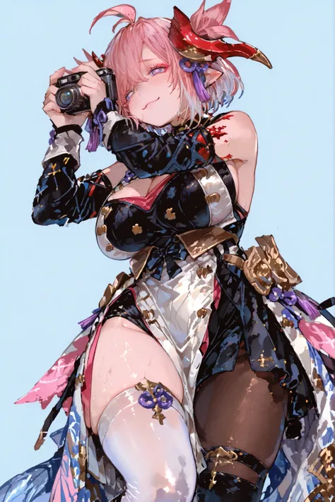   8k wallpaper、    top quality 、masterpiece、   748cm スThailandル   、    woman 1 person 、ribbon 、  pantyhose、 black knee socks 、 strap 、 Thailand、 skirt、  pantyhose、、 pink hair with blue lines、pink albino eyelashes   、   long hair、  Underbob  、blue eyes、  Pr...