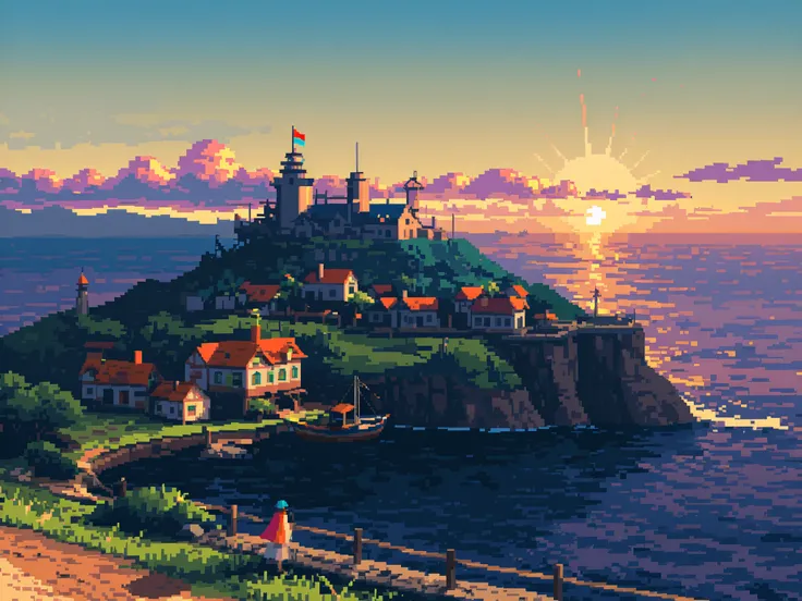 wide shot, Harbor on a small island in southern Italy, colorful houses like blocks, morning, pixel art, fantasy world