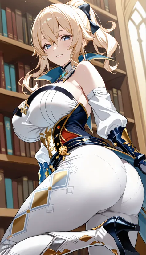 library, huge ass, Score_9, score_8_up, score_7_up, score_6_up, source_anime, rating:general, 1girl, beautiful woman, mature, beautiful body, huge oppai, curvy, white skin, looking at viewer, showing the ass, excited, seductive look, seductive smile, sexy ...