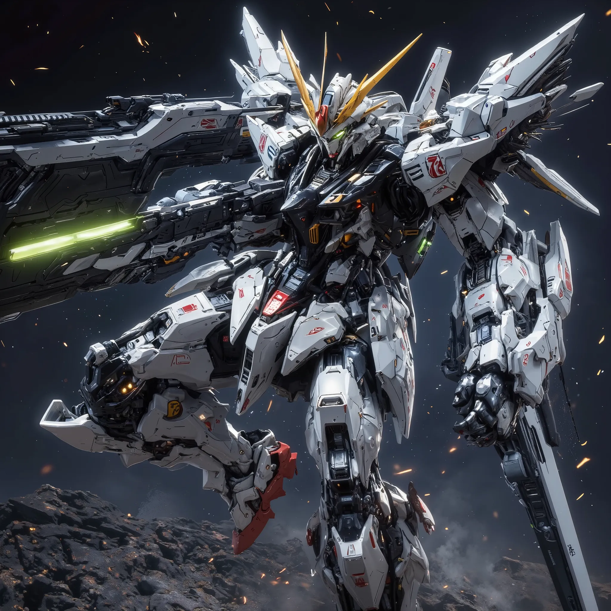 フリーダムガンダムのようなロボットの Fast Flight ,full body,high-resolution photorealistic３D rendering style ,hyperrealism art,Mechanical details of Freedom Gundam's face, ,Freedom Gundam's exact proportions ,４smooth metal texture ,V-shaped fins, green_lens flare from glowi...