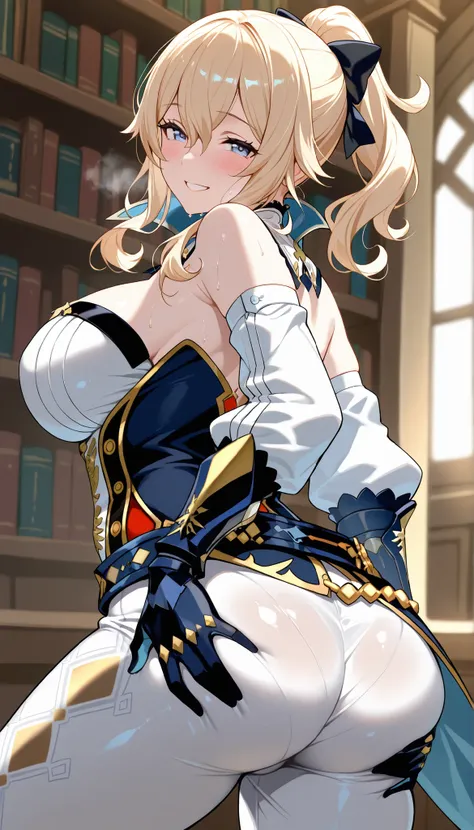 library, huge ass, Score_9, score_8_up, score_7_up, score_6_up, source_anime, rating:general, 1girl, beautiful woman, mature, beautiful body, huge oppai, curvy, white skin,shiny skin, sweaty skin, looking at viewer, showing her big butt,her hand on the but...