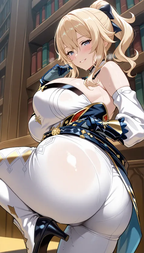 library, huge ass, Score_9, score_8_up, score_7_up, score_6_up, source_anime, rating:general, 1girl, beautiful woman, mature, beautiful body, huge oppai, curvy, white skin,shiny skin, sweaty skin, looking at viewer, showing her big butt, excited, torogao, ...
