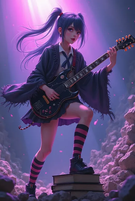 visual band、girls、Idol Unit、black, purple, and pink theme、pink and black striped socks、are black skirts with cute skull marks embroidered on the back of the hand、chainsaw guitar、 hairstyle side tail、Hair color black, purple, and pink、Clothes are buttons on a high school girl's uniform while showing off a tattered black cloak The、are tattered skirts with BLACK and red embroidery on the back of the hand、The shoes are geta、pose with the shirt open at full throttle is a small microphone attached to the mouth where you step on a pile of textbooks with your right foot while your left foot is behind your right foot and supports your body on the ground while swinging a guitar like a chainsaw、The background is a purple and blue headlight illuminates the entire area, and the stage is a mountain of rubble、