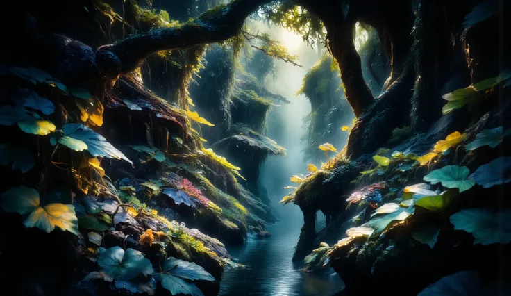 (best quality,4k,8K,high resolution,Masterpiece:1.2),ultra detailed,sharp focus,(realista,photorealist,photo-realista:1.37),extremely fine details,intricate details, wallpaper for dark theme wallpaper, gloomy, jungle landscape spray drops on leaves, inten...