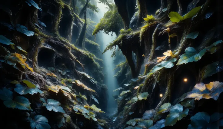 (best quality,4k,8K,high resolution,Masterpiece:1.2),ultra detailed,sharp focus,(realista,photorealist,photo-realista:1.37),extremely fine details,intricate details, wallpaper for dark theme wallpaper, gloomy, jungle landscape spray drops on leaves, inten...