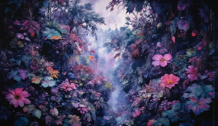 (best quality,4k,8K,high resolution,Masterpiece:1.2),ultra detailed,sharp focus,(realista,Photorealistic,Foto-realista:1.37),extremely fine details,intricate details, wallpaper for dark theme wallpaper, Gloomy, spray jungle landscapes spray on leaves, int...