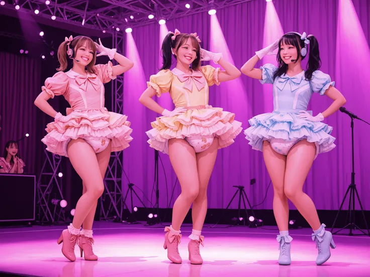 masterpiece,best quality,amazing quality, absurdres, realistic, indoors, stage, strobe lights, multiple girls, japanese pop idol unit, petite, black hair, brown hair, pigtails, hairbow, perfect face, narrowed eyes, grin, lipstick, headset, frilly idol outf...