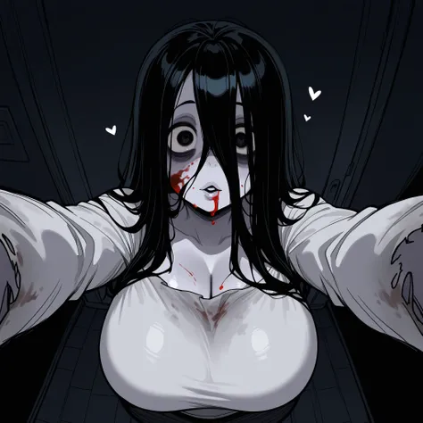 sketch, vintage, sadako, big huge bobbies, selfie, upper view, top view, blood in face, hearts around, dark room, send a kiss to the selfie 
