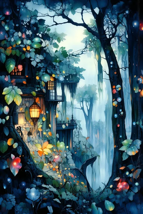 (best quality,4k,8K,high resolution,Masterpiece:1.2),ultra detailed,sharp focus,(realista,Photorealistic,Foto-realista:1.37),extremely fine details,intricate details, wallpaper for dark theme wallpaper, Gloomy, spray jungle landscapes spray on leaves, int...