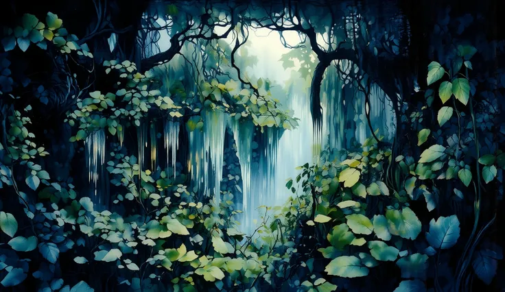 (best quality,4k,8K,high resolution, Masterpiece:1.2),ultra detailed, sharp focus,(realista,Photorealistic,Foto-realista:1.37),extremely fine details, intricate details, wallpaper for dark theme wallpaper, Gloomy, spray jungle landscapes spray on leaves,  ...