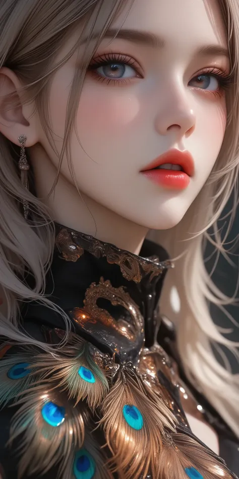 A close up half body, face and body facing front, award winner, sexy beauty, shiny silky pure hite hair, amorous and lewd expression, captivating eyes, sexy red wet lips, superlative body proportion, wearing insane detail cool long coat made of iridescent ...