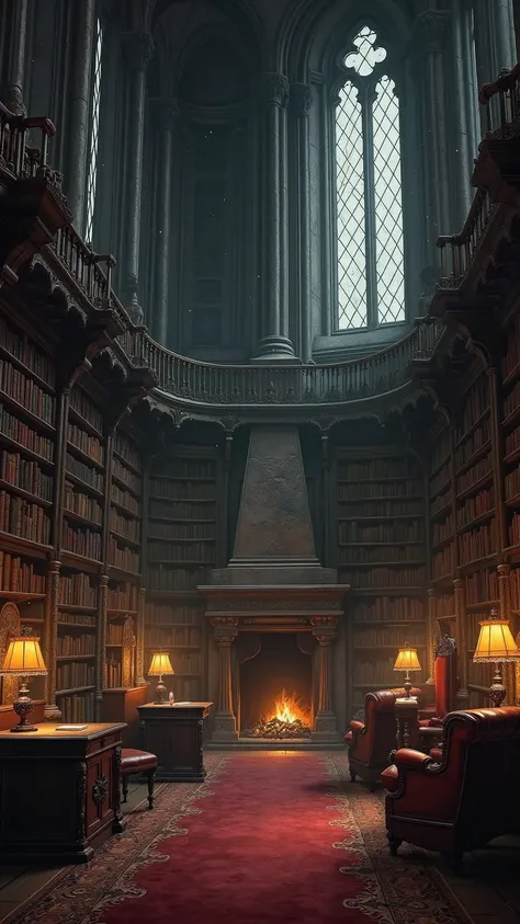 Vast, shadowy ancient gothic library or grand study. Towering floor-to-ceiling bookshelves, many leather-bound tomes. Large ornate stone fireplace with dying embers, central background. Heavy dark wood antique furniture: writing desk, armchairs, classic lamps, on deep crimson or burgundy carpet. Dust motes in faint light shafts. Devoid of humans. Hyperrealistic digital painting. Photorealistic, gothic fantasy, moody cinematic style; detailed aged wood, leather books, stone, fabric. Scholarly, slightly foreboding atmosphere. Medium-wide 16:9, capturing bookshelf height, room depth. Leading lines to fireplace or bookshelves. Dim, atmospheric lighting. Soft diffused sunlight/moonlight from tall arched gothic windows casts long oblique shadows, chiaroscuro. Warm isolated light pools from classic shaded lamps on desks/tables; cozy, mysterious glow. Subtle fireplace flicker. Dark, desaturated colors: deep browns (wood, leather), charcoal greys (stone), rich burgundy/crimson (carpet, upholstery). Accents: aged gold/brass. Warm yellows, cool blues/greys via lighting. Mood: introspective, scholarly, mysterious, atmospheric; intellectualism, ancient secrets, melancholy; timeless, haunted knowledge sanctuary.
