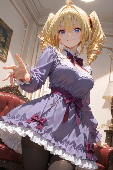 1girl, Ravel phenex, blonde hair, ahoge, twin drills, blue eyes, purple dress, long sleeves, purple bow, white collar, frilled dress, black pantyhose, in the living room, standing, looking at the viewer, attractive, gentle smile, beautiful, detailed hands,...