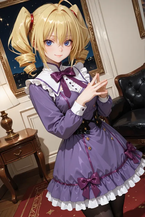1girl, Ravel phenex, blonde hair, ahoge, twin drills, blue eyes, purple dress, long sleeves, purple bow, white collar, frilled dress, black pantyhose, in the living room, standing, looking at the viewer, attractive, gentle smile, beautiful, detailed hands,...