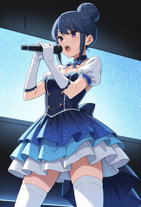 Score_9, score_8_up, score_7_up, source_anime, rin shima, solo, single hairbun, sidelocks, dark blue hair, purple eyes, small breasts, (best quality), (high quality), {masterpiece}, extremely delicate and beautiful, ultra-detailed, beautiful detailed eyes,...