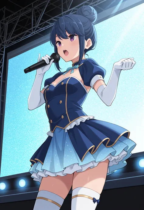 Score_9, score_8_up, score_7_up, source_anime, rin shima, solo, single hairbun, sidelocks, dark blue hair, purple eyes, small breasts, (best quality), (high quality), {masterpiece}, extremely delicate and beautiful, ultra-detailed, beautiful detailed eyes,...