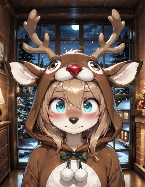 masterpiece, best quality, very aesthetic, 1girl, solo, cobaltlotte, furry, blush, embarrased, BREAK animal costume, reindeer costume, deer ears, antlers, furry, BREAK christmas, indoors, house, night, portrait, upper body, BREAK ((ultra-detailed)), ((best...