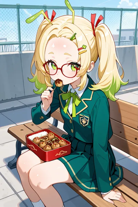 A blonde female student with twin tails sits on a bench. She eats takoyaki from a bento box with a blank look on her face, wearing glasses. Her bangs are held to the side with a hairpin. She has two alien-like antennae on her head. They are colorful, red a...