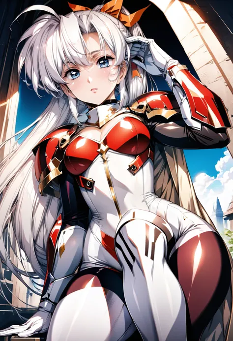 ((Highest quality)), ((Masterpiece)), ((Ultra Realistic)), (detailed background), anime style,  solo, taken from below, 1 girl, ((Curvy: 1.2)), kawaii, Paladin, ((bright silk racing tights)), ((bodysuit)), (Paladin armor), (Chest armor suit), Palace Cloak ...