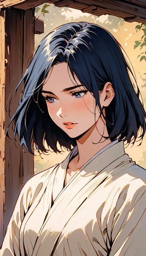 vintage movie, girl, short hair, navy hair, straight hair, woman body, white kimono,, hyuga clan, shinobi village, konohagakure, (((perfect lips))), perfect hair, looking down, shy, melancholic, ((young)), ((19 years old))
