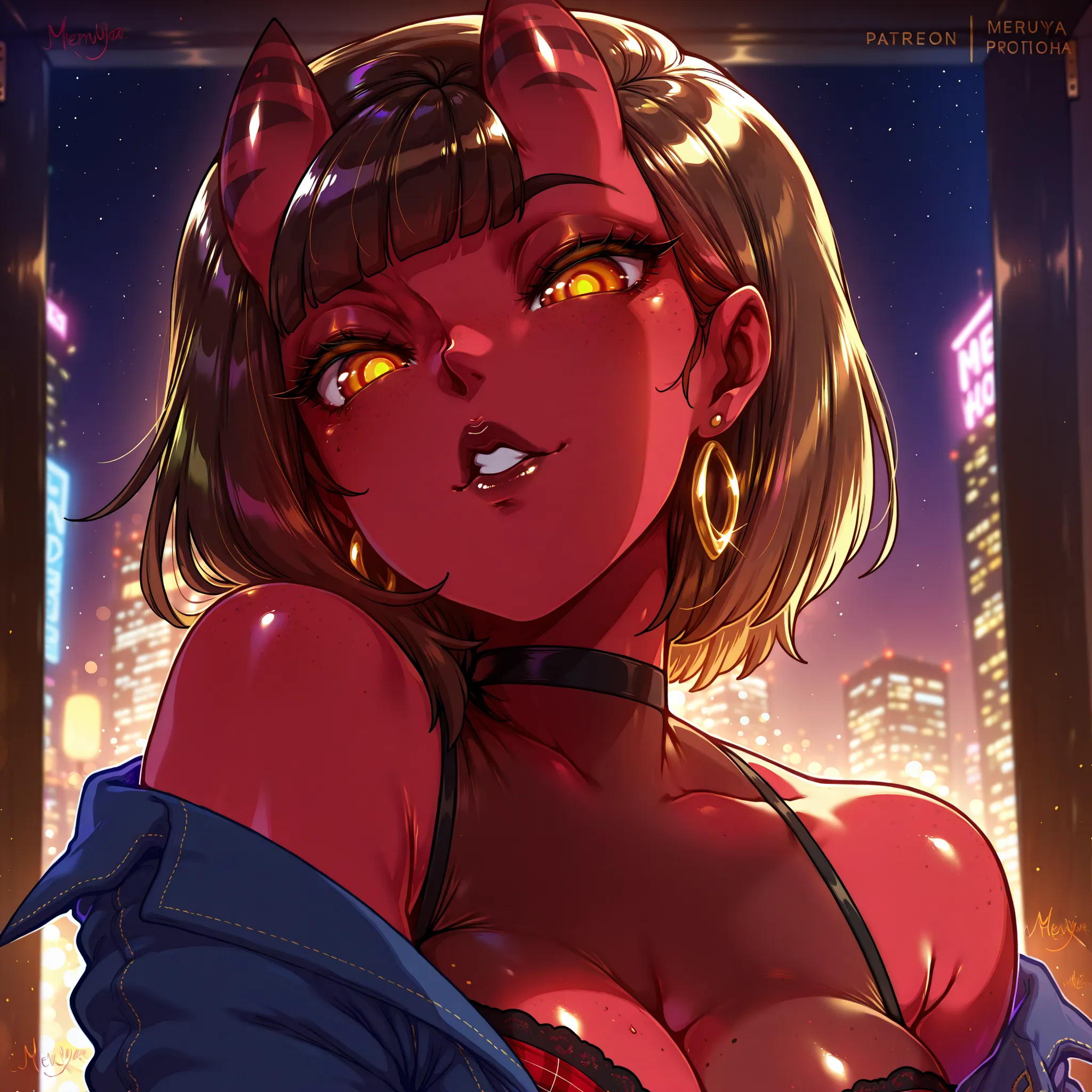 made by melkor mancin, 1girl, Meruccubus artist by Merunyaa, red skin, brown hair, 2 demon horns, cinematic lighting, night in brilliant SHOW with hot colors, vibrant
portrait photo, just shoulders and face. seductive face. perfect details and ultra detail...