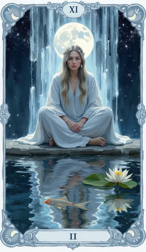 A tarot card of "The High Priestess" reimagined as "The Still One" in a water-themed deck. A serene, wise woman sits cross-legged on a flat stone above a still, moonlit pond. Her long flowing robes resemble cascades of water. Behind her, a shimmering veil ...